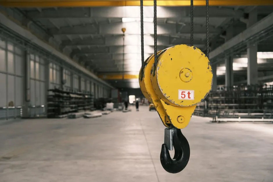 Closeup of a 5-ton yellow crane hook in an empty warehouse in Konya, Türkiye.